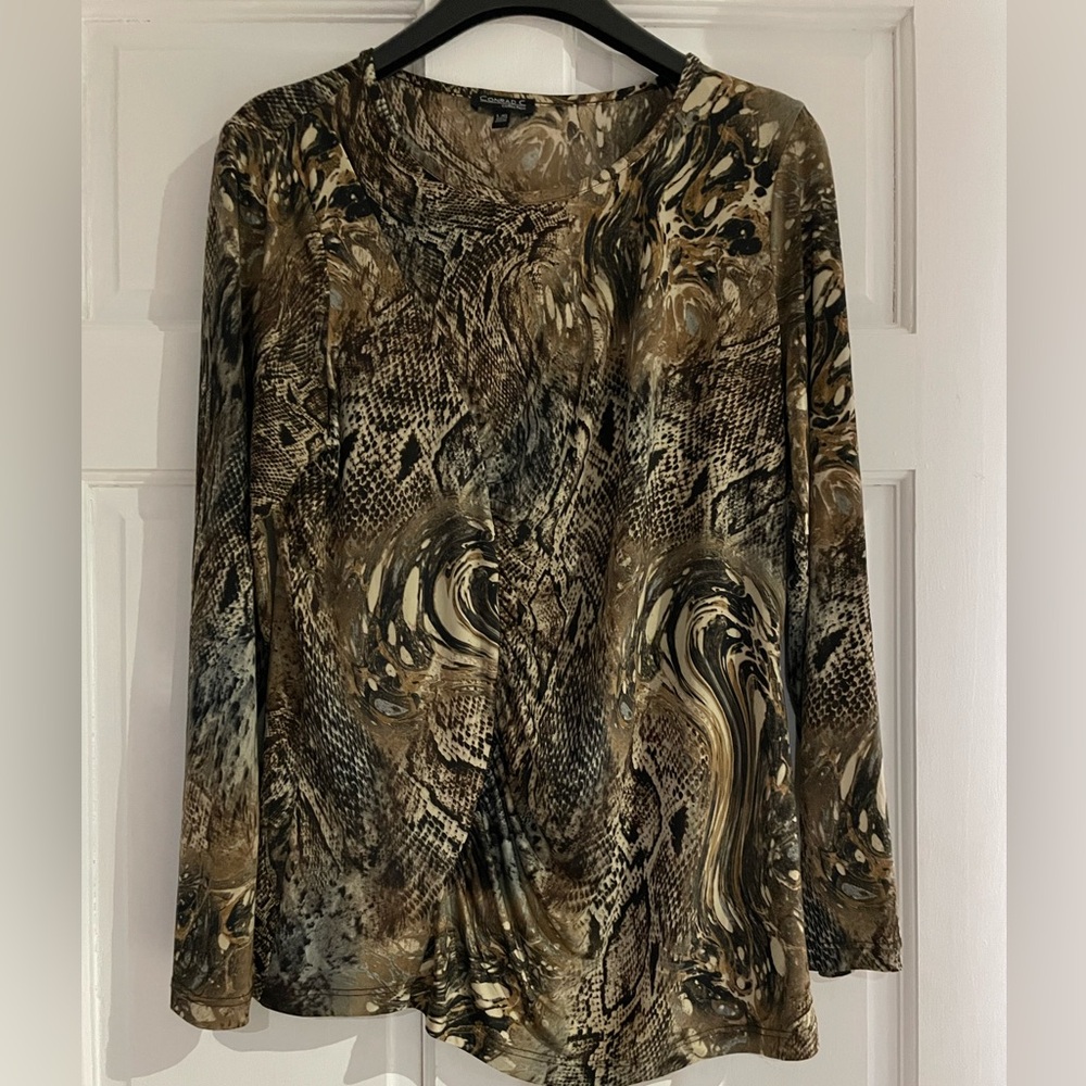 Conrad C Asymmetrical Brown and Tan Long Sleeve Blouse